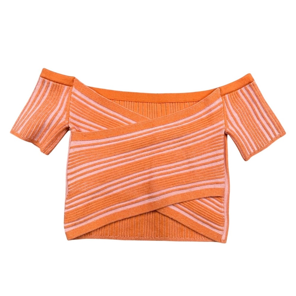 NWT Aerie Womens Orange Pink Striped Wrap Front Off Shoulder Ribbed Crop Top S